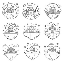 Adorable Beautiful Wooden House for children coloring book page. vector illustration