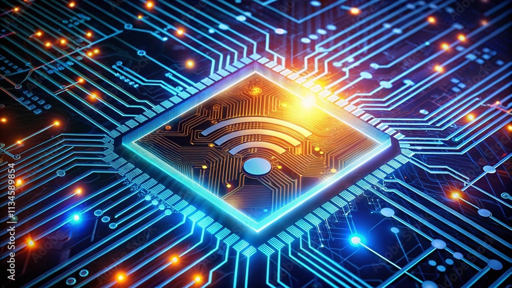 Poster abstract representation of wifi signal overlaid on a digital circuit board, merging technology and c