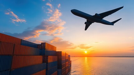 A large airplane is flying over a body of water with a sunset in the background