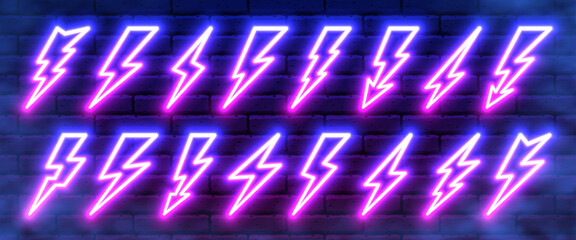 Neon blazing lightning strike in darkness. Night club bright banner sign of thunder light sparks storm flash thunderstorm. Power energy fast speed charge icons. Natural effects thunderbolt concept