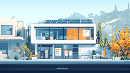 Sustainable Future City - Carbon-Neutral Building with Solar Panels, Scientists Monitoring Energy Data on Interactive Displays in 2D Flat Illustration