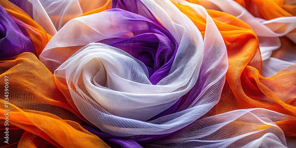 Poster abstract swirling of orange, white, and purple mesh fabric creating dynamic patterns and textures fo