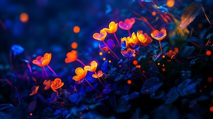 Fototapeta premium Glowing Orange Flowers in a Dark Blue Night Garden