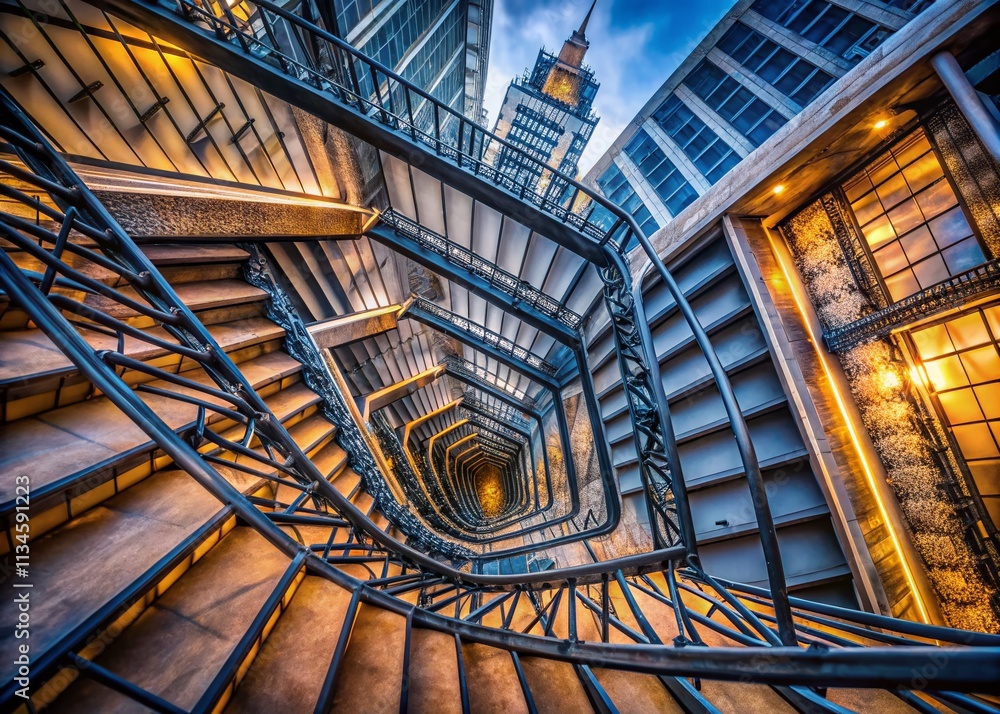 Poster abstract view of square spiral staircases leading to an observing tower with a high depth of field, 