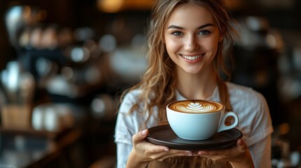 Friendly Barista Offering Coffee to Satisfied Customer in Cozy Cafe Setting