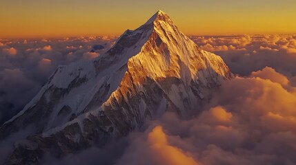 Majestic Snowcapped Mountain Peak Above Clouds at Sunset