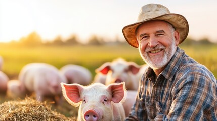 Joyful Day in the Countryside as Farmer Shares a Meal With Happy Pigs at Sunset