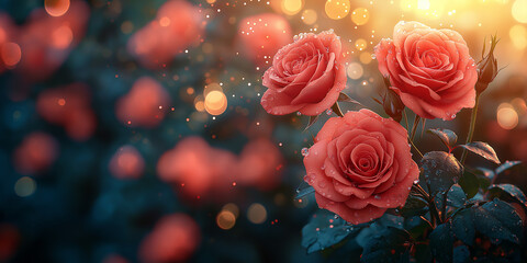 Happy Valentines Day background with red roses and heart shaped decorations, 14th February Valentines Day wishes with romantic roses and love, Valentine's Day greeting card.