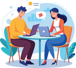 Partners meeting for business discussion with documents and laptop on desk. Couple at round table, speaking, discussing work, partnership. Flat vector on a white background