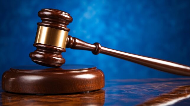 Law and authority concept with a judgment gavel hammer in a courtroom setting, symbolizing justice, legal system, judicial decisions, criminal punishment, guilt, legislation in modern court practices