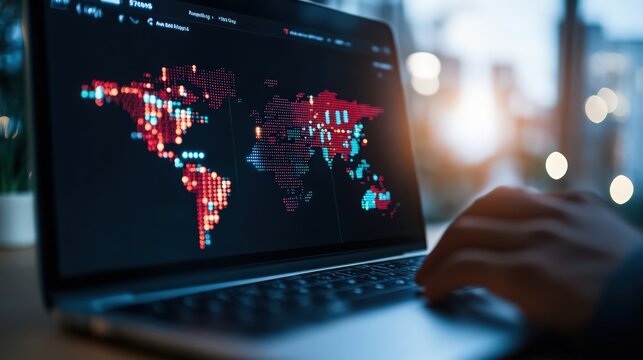 A laptop screen shows a map of the world with red dots on it