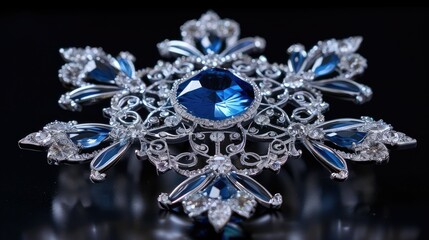 Fototapeta premium A detailed silver snowflake brooch adorned with blue gemstones, reflecting light elegantly.