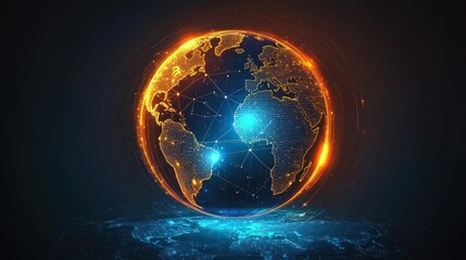 Abstract digital planet Earth with an orange and blue glowing light effect, global network concept, information exchange between countries on the world map background.