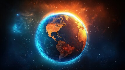 Obraz premium Abstract digital planet Earth with an orange and blue glowing light effect, global network concept, information exchange between countries on the world map background.
