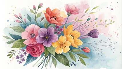Watercolor Floral Bouquet Pink, Purple, Yellow Flowers, Artistic Composition, Soft Hues, Pastel Palette. Watercolor painting, floral art