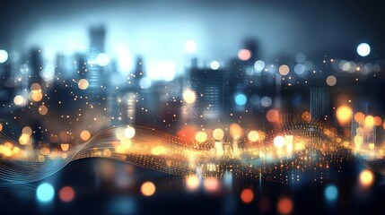 Abstract digital sound wave background with a blurred cityscape and glowing lights, representing a data technology concept. Abstract futuristic design for a business or science.