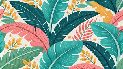 Fototapeta premium Tropical Leaves Seamless Pattern Teal, Pink, and Gold Illustration, Tropical, Botanical ,Seamless Pattern