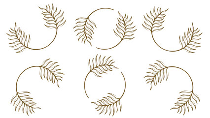 Set of Logos with Golden tropical palm leaf. Round frame in trendy minimal linear style. Vector Emblem with Palm Branch.