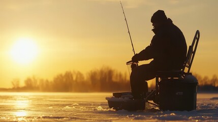 Silhouetted ice fishermen pulling in their catch at sunset on a frozen lake during winter, highlighting golden sunlight, serene outdoor environment, and traditional fishing techniques in cold weather
