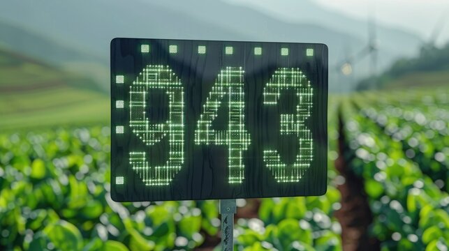A digital display showing the number 943 in a vibrant green field.