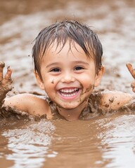 Joyful Moments of a Child Enjoying a Refreshing Mud Bath on a Sunny Day Outdoors