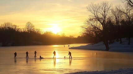 Silhouetted ice fishermen pulling in their catch at sunset on a frozen lake during winter, highlighting golden sunlight, serene outdoor environment, and traditional fishing techniques in cold weather