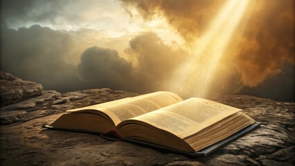 Open Book on Rocky Outcrop, Divine Light, Dramatic Cloudscape, Spiritual Concept, Bible, Faith Bible, Religion