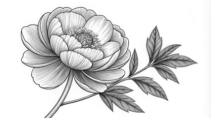 Fototapeta premium Monochrome Line Art Peony Floral Composition Detailed Botanical Illustration, Flower Drawing, Black and White, Nature Art Botanical Illustration, Floral Design