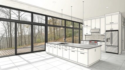 Modern Kitchen Design Sketch White Cabinets, Island, Forest View, Architectural Visualization Kitchen Design, Interior Design