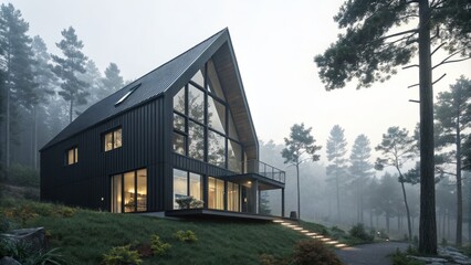 Fototapeta premium Misty Forest A-Frame Modern Home 3D Render, Black Exterior, Glass Walls, Architectural Visualization A-Frame House, Modern Architecture