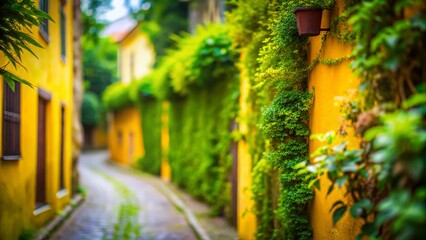 A Captivating Tilt-Shift View of a Charming Yellow and White Wall with Lush Greenery in the Foreground, Perfectly Composed for an Artistic Touch and Urban Aesthetic Appeal