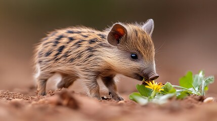 Adorable Young Wild Boar Sniffing Delicately at Bright Yellow Flower While Exploring the Natural Environment in a Close-Up Image Capturing the Beauty of Wildlife