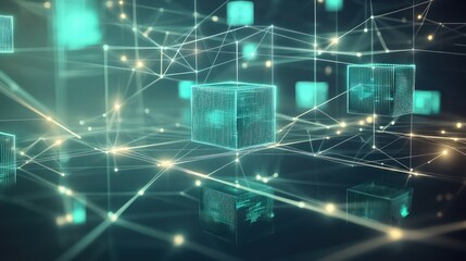 Obraz premium An abstract background showcasing a dynamic digital grid, with floating geometric data blocks connected by glowing lines. 