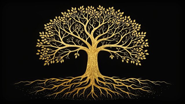 Golden Tree of Life Detailed Hand-Drawn Illustration, Black Background, Spiritual Concept, gold tree illustration, tree of life art gold, tree