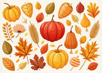 Fototapeta premium A Charming Autumn Elements Illustration Set Featuring Leaves, Acorns, Pumpkins, and More with a Focus on Warm Colors and Natural Textures for Seasonal Decor and Designs