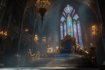 Fototapeta premium Majestic Interior of an Ornate Gothic Cathedral with Stained Glass and Glowing Chandelier