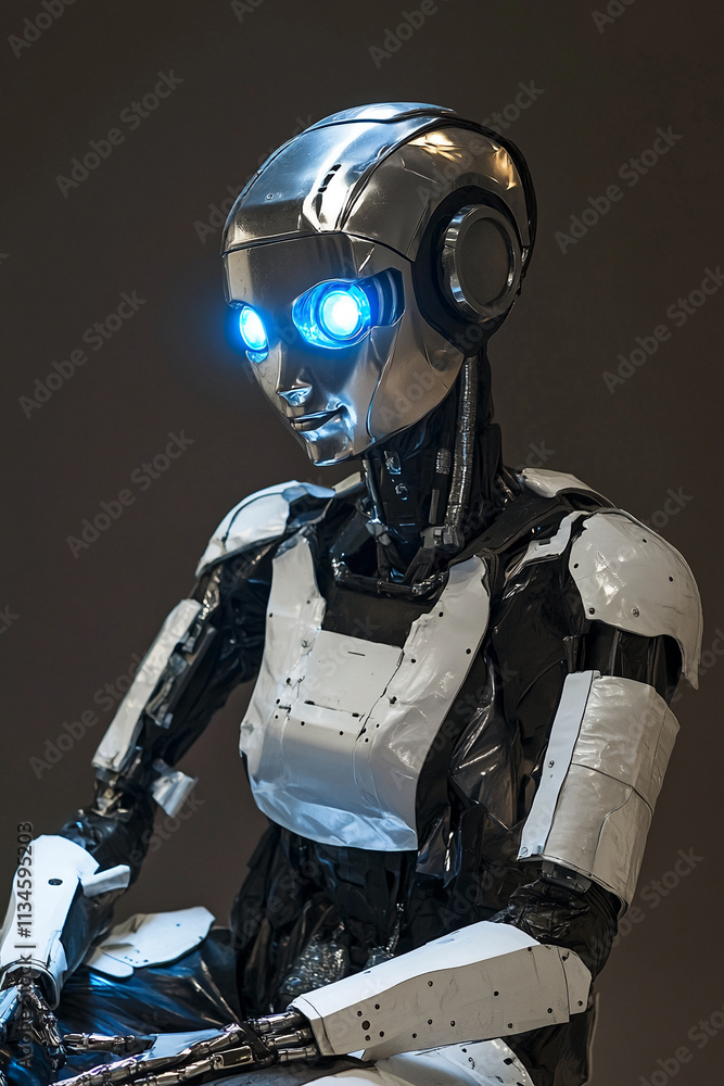Poster futuristic humanoid robot with glowing blue eyes displays advanced technology in an art exhibition s