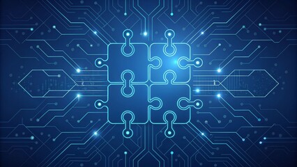 Obraz premium Connecting the Dots Blue Circuit Board Puzzle, Digital Technology, Abstract Background. Technology, Innovation