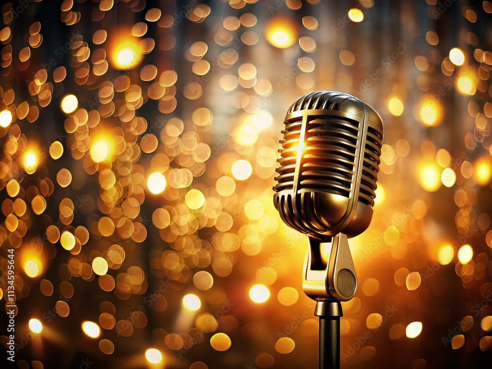Poster a classic vintage microphone set against a dimly lit stage with glowing bokeh lights, creating an en