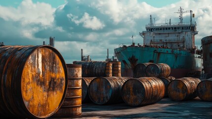Naklejka premium Rusty Barrels and Ship at Industrial Dockside Scene