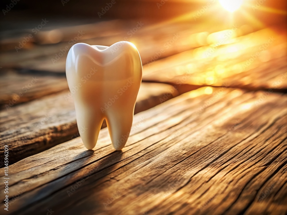 Aufkleber a close-up of a single tooth on a wooden table capturing natural light and shadows in a rule of thir