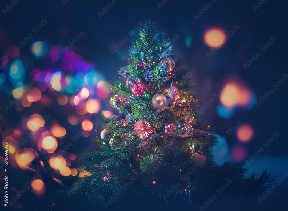Poster a decorated christmas tree stands out against a bokeh background of colorful lights, creating a magi