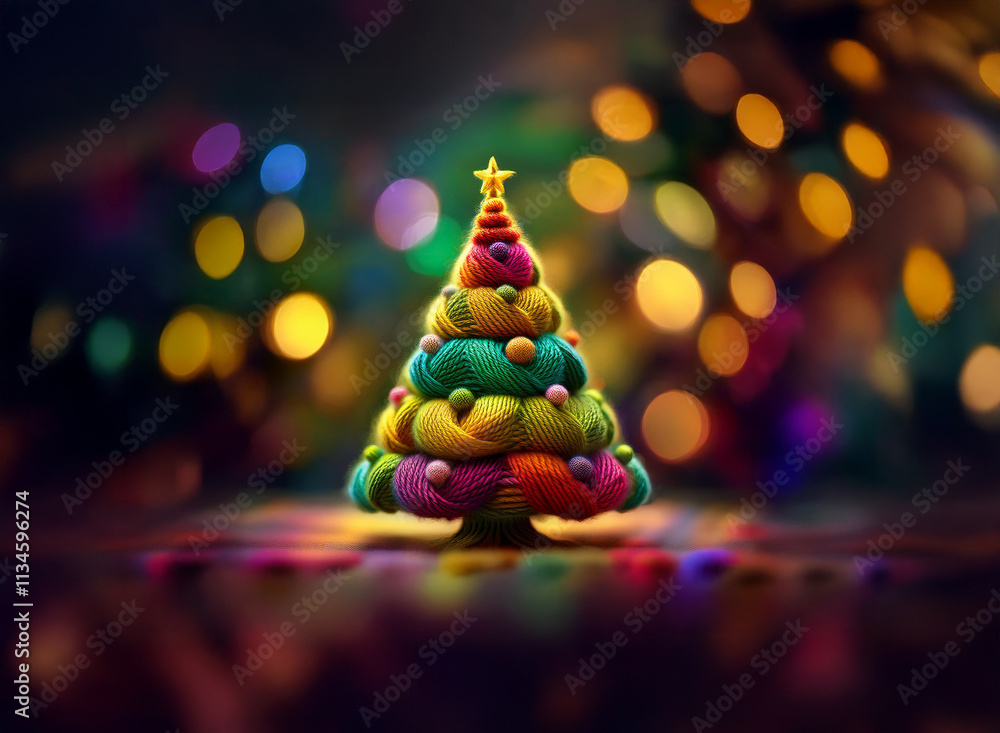 Poster a vibrant yarn christmas tree stands out against a bokeh backdrop of colorful lights. its multicolor