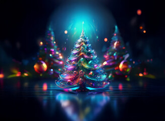 Obraz premium A vibrant, colorful glass Christmas tree glows in the center, surrounded by smaller, shimmering trees and ornaments. The scene is dark and moody, with bright, neon lights reflecting on a glossy surfa