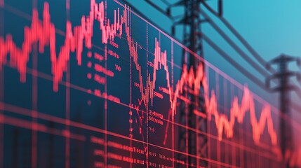 A digital graph displays fluctuating data trends against a backdrop of power lines, symbolizing energy usage and market dynamics.