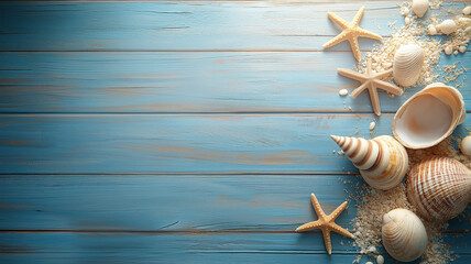 Beach scene concept with sea shells and starfish arranged on a blue wooden background