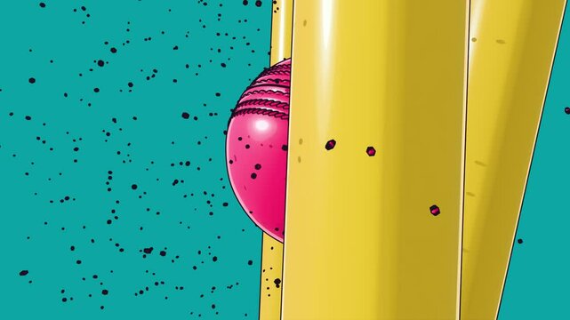 A cartoon illustration concept of a close up of a cricket ball hitting wooden wickets on an isolated background