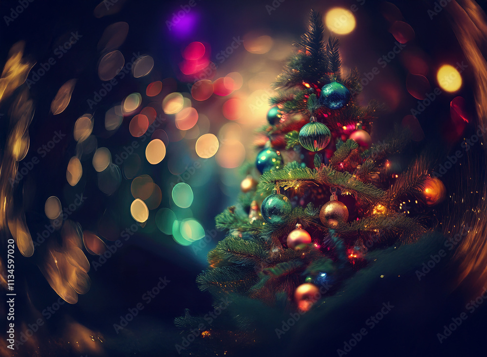 Poster a miniature christmas tree adorned with colorful ornaments sits amidst a bokeh of warm and cool ligh
