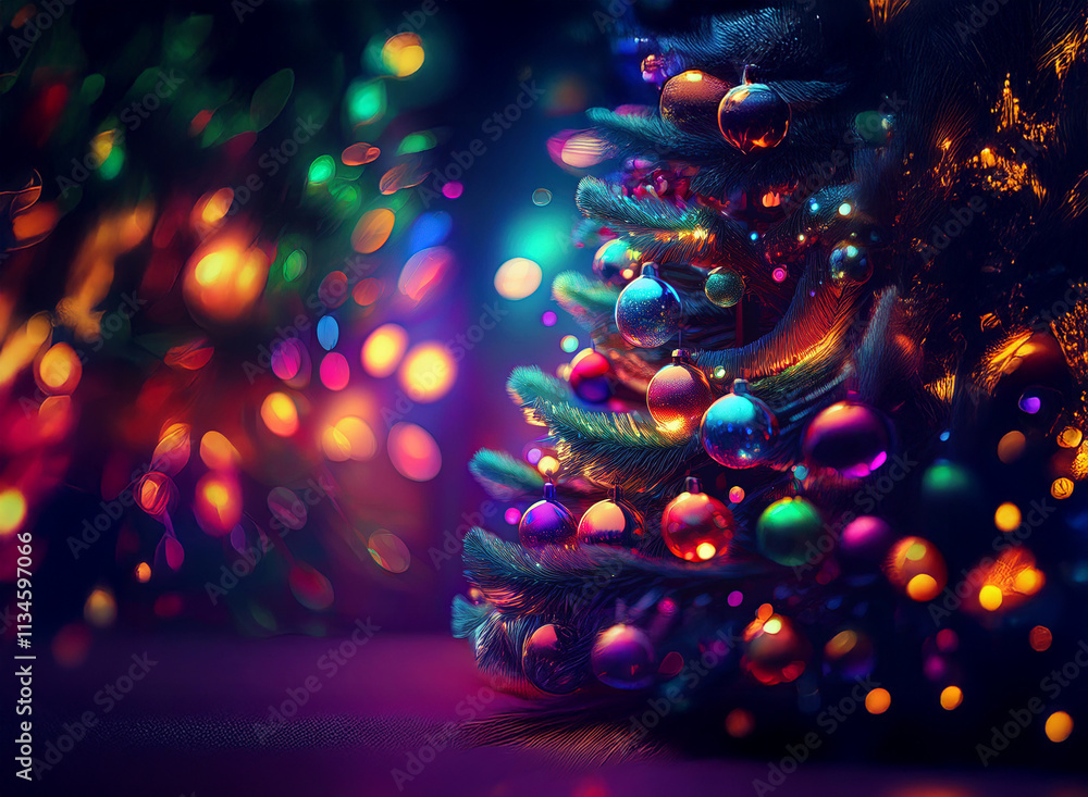 Aufkleber Vibrant, colorful Christmas trees adorned with glowing ornaments and twinkling lights create a magical, festive scene.  The bokeh effect adds depth and sparkle.
