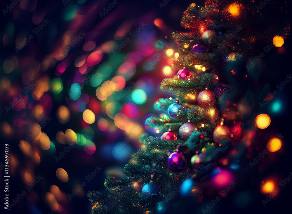 Poster a vibrant christmas tree adorned with colorful ornaments and twinkling lights, creating a magical, f